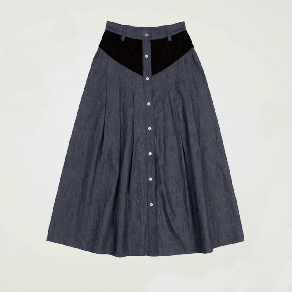 Batsheva Denim Patch Midi Skirt (Sz 10) A-Line Velveteen Blue Black